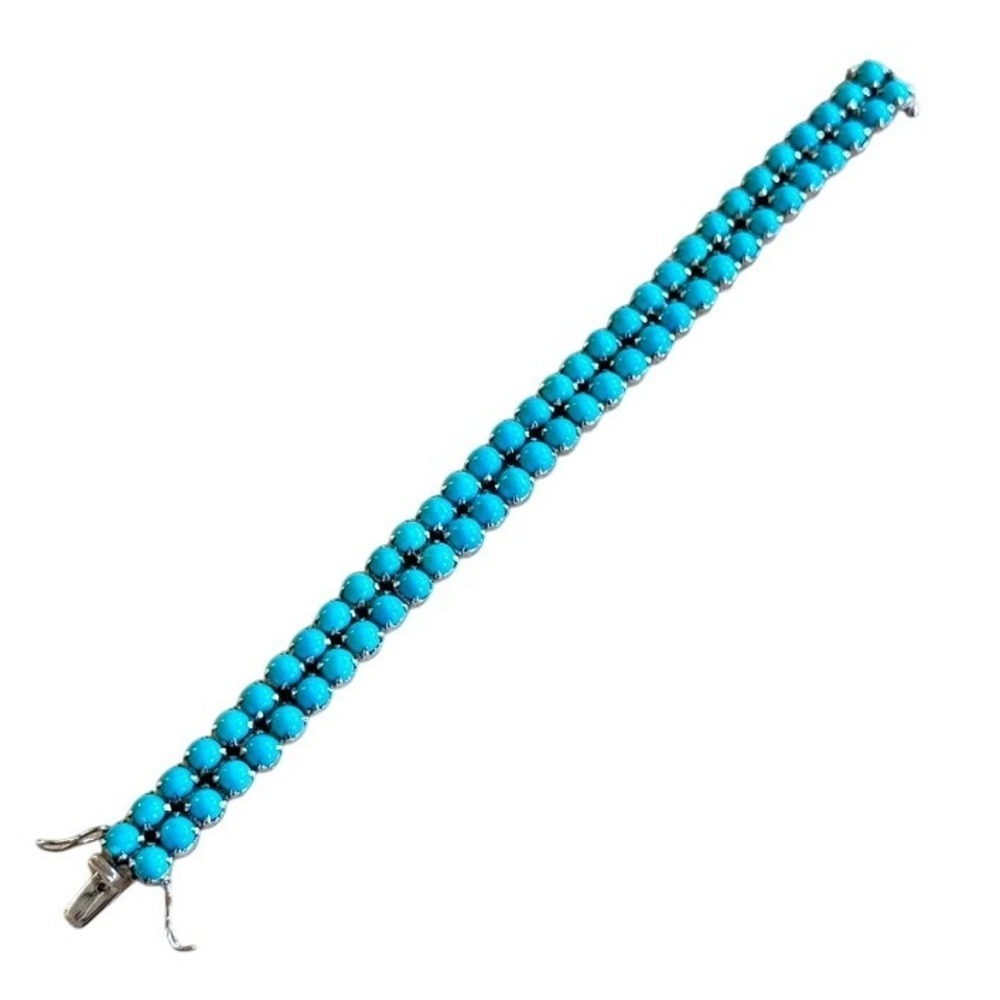 VTG Faux Turquoise Link Tennis Bracelet Glass Cabochon Rhodium Plated 7.25"